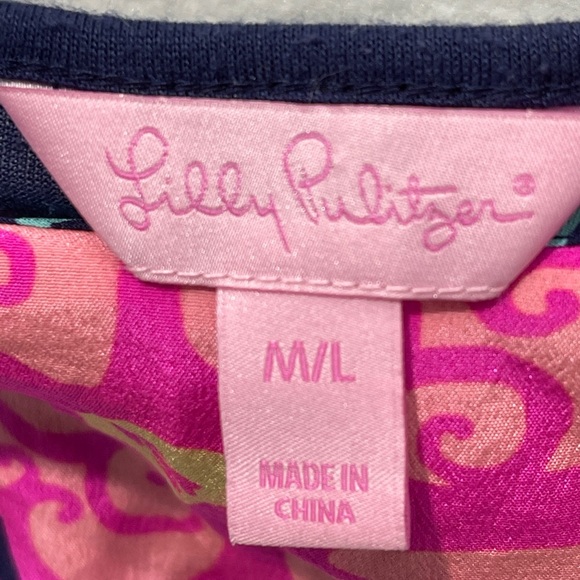 Lilly Pulitzer Marion Silk Top M/L Lilly Aqua Blue Turquoise Pink Fountain Top - Picture 4 of 6
